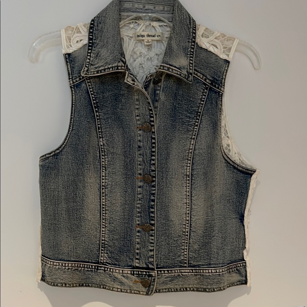 Blue and White Cropped Denim Vest with Western Paneling